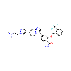 CN(C)CCn1cc(-c2ccn3c(-c4ccc(C(N)=O)c(OCc5ccccc5C(F)(F)F)c4)cnc3c2)cn1 ZINC001772650875