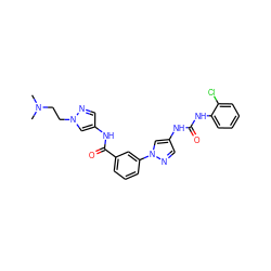 CN(C)CCn1cc(NC(=O)c2cccc(-n3cc(NC(=O)Nc4ccccc4Cl)cn3)c2)cn1 ZINC000299831894