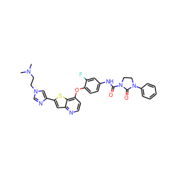 CN(C)CCn1cnc(-c2cc3nccc(Oc4ccc(NC(=O)N5CCN(c6ccccc6)C5=O)cc4F)c3s2)c1 ZINC000044306157