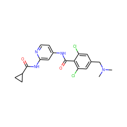 CN(C)Cc1cc(Cl)c(C(=O)Nc2ccnc(NC(=O)C3CC3)c2)c(Cl)c1 ZINC000096928691