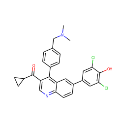 CN(C)Cc1ccc(-c2c(C(=O)C3CC3)cnc3ccc(-c4cc(Cl)c(O)c(Cl)c4)cc23)cc1 ZINC000114036844