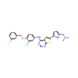 CN(C)Cc1ccc(-c2cc3c(Nc4ccc(OCc5cccc(F)c5)c(Cl)c4)ncnc3s2)[nH]1 ZINC000040918256