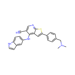 CN(C)Cc1ccc(-c2cc3c(Nc4ccc5[nH]ccc5c4)c(C#N)cnc3s2)cc1 ZINC000029046561