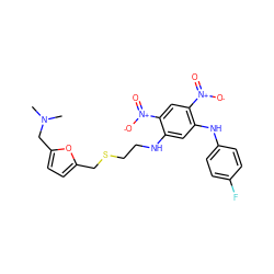 CN(C)Cc1ccc(CSCCNc2cc(Nc3ccc(F)cc3)c([N+](=O)[O-])cc2[N+](=O)[O-])o1 ZINC000013726522