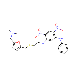 CN(C)Cc1ccc(CSCCNc2cc(Nc3ccccc3)c([N+](=O)[O-])cc2[N+](=O)[O-])o1 ZINC000013726518