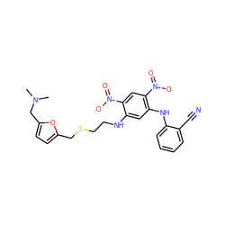 CN(C)Cc1ccc(CSCCNc2cc(Nc3ccccc3C#N)c([N+](=O)[O-])cc2[N+](=O)[O-])o1 ZINC000013726526