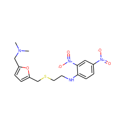 CN(C)Cc1ccc(CSCCNc2ccc([N+](=O)[O-])cc2[N+](=O)[O-])o1 ZINC000013726465