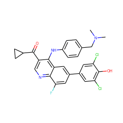 CN(C)Cc1ccc(Nc2c(C(=O)C3CC3)cnc3c(F)cc(-c4cc(Cl)c(O)c(Cl)c4)cc23)cc1 ZINC000114036238