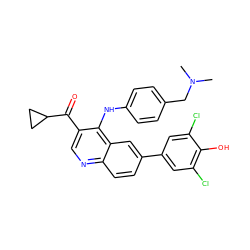 CN(C)Cc1ccc(Nc2c(C(=O)C3CC3)cnc3ccc(-c4cc(Cl)c(O)c(Cl)c4)cc23)cc1 ZINC000114034773