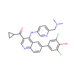 CN(C)Cc1ccc(Nc2c(C(=O)C3CC3)cnc3ccc(-c4cc(Cl)c(O)c(Cl)c4)cc23)cn1 ZINC000114035705