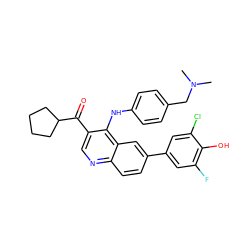 CN(C)Cc1ccc(Nc2c(C(=O)C3CCCC3)cnc3ccc(-c4cc(F)c(O)c(Cl)c4)cc23)cc1 ZINC000219381803