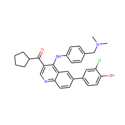 CN(C)Cc1ccc(Nc2c(C(=O)C3CCCC3)cnc3ccc(-c4ccc(O)c(Cl)c4)cc23)cc1 ZINC000203982802