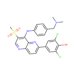 CN(C)Cc1ccc(Nc2c(S(C)(=O)=O)cnc3ccc(-c4cc(Cl)c(O)c(Cl)c4)nc23)cc1 ZINC000473213493