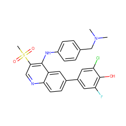 CN(C)Cc1ccc(Nc2c(S(C)(=O)=O)cnc3ccc(-c4cc(F)c(O)c(Cl)c4)cc23)cc1 ZINC000219359990