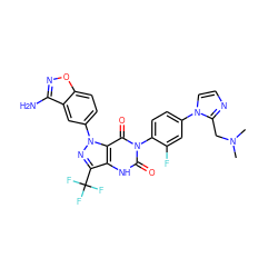 CN(C)Cc1nccn1-c1ccc(-n2c(=O)[nH]c3c(C(F)(F)F)nn(-c4ccc5onc(N)c5c4)c3c2=O)c(F)c1 ZINC000014951293