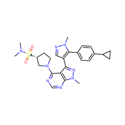 CN(C)S(=O)(=O)[C@@H]1CCN(c2ncnc3c2c(-c2cnn(C)c2-c2ccc(C4CC4)cc2)nn3C)C1 ZINC000169706093