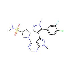 CN(C)S(=O)(=O)[C@@H]1CCN(c2ncnc3c2c(-c2cnn(C)c2-c2ccc(Cl)c(F)c2)nn3C)C1 ZINC000169706086