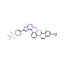 CN(C)S(=O)(=O)N1CC=C(c2cc3c(-c4cccc(-n5ccc6cc(C7CC7)cc(F)c6c5=O)c4CO)ncnc3[nH]2)CC1 ZINC000299870997