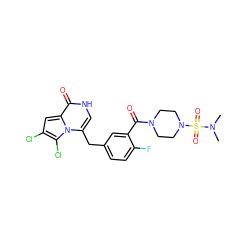 CN(C)S(=O)(=O)N1CCN(C(=O)c2cc(Cc3c[nH]c(=O)c4cc(Cl)c(Cl)n34)ccc2F)CC1 ZINC000049761780