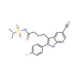 CN(C)S(=O)(=O)NC(=O)CCCc1c(-c2ccc(F)cc2)[nH]c2ccc(C#N)cc12 ZINC000029041437