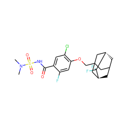 CN(C)S(=O)(=O)NC(=O)c1cc(Cl)c(OCC23CC4C[C@@H](C2)C(F)(F)[C@@H](C4)C3)cc1F ZINC000216204163