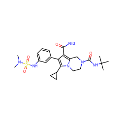 CN(C)S(=O)(=O)Nc1cccc(-c2c(C(N)=O)c3n(c2C2CC2)CCN(C(=O)NC(C)(C)C)C3)c1 ZINC001772585208