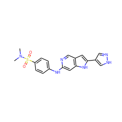 CN(C)S(=O)(=O)c1ccc(Nc2cc3[nH]c(-c4cn[nH]c4)cc3cn2)cc1 ZINC000103250522