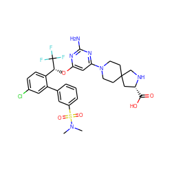 CN(C)S(=O)(=O)c1cccc(-c2cc(Cl)ccc2[C@@H](Oc2cc(N3CCC4(CC3)CN[C@H](C(=O)O)C4)nc(N)n2)C(F)(F)F)c1 ZINC001772606823