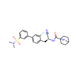 CN(C)S(=O)(=O)c1cccc(-c2ccc(C[C@@H](C#N)NC(=O)C34CCC(CC3)CN4)c(F)c2)c1 ZINC000169710034