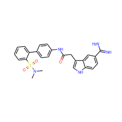 CN(C)S(=O)(=O)c1ccccc1-c1ccc(NC(=O)Cc2c[nH]c3ccc(C(=N)N)cc23)cc1 ZINC000013835127