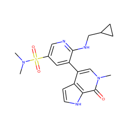 CN(C)S(=O)(=O)c1cnc(NCC2CC2)c(-c2cn(C)c(=O)c3[nH]ccc23)c1 ZINC000146652466