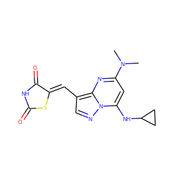 CN(C)c1cc(NC2CC2)n2ncc(/C=C3\SC(=O)NC3=O)c2n1 ZINC000117825093