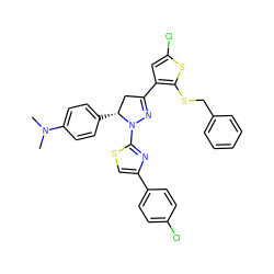 CN(C)c1ccc([C@@H]2CC(c3cc(Cl)sc3SCc3ccccc3)=NN2c2nc(-c3ccc(Cl)cc3)cs2)cc1 ZINC000095594590