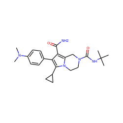 CN(C)c1ccc(-c2c(C(N)=O)c3n(c2C2CC2)CCN(C(=O)NC(C)(C)C)C3)cc1 ZINC001772615851