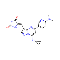 CN(C)c1ccc(-c2cc(NC3CC3)n3ncc(/C=C4\NC(=O)NC4=O)c3n2)cn1 ZINC000167326448