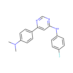 CN(C)c1ccc(-c2cc(Nc3ccc(F)cc3)ncn2)cc1 ZINC000004258407