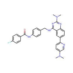 CN(C)c1ccc(-c2ccc3nc(N(C)C)nc(NCc4ccc(NC(=O)c5ccc(F)cc5)cc4)c3c2)nc1 ZINC001772654675