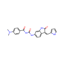 CN(C)c1ccc(C(=O)NC(=O)Nc2ccc3c(c2)NC(=O)/C3=C\c2ccc[nH]2)cc1 ZINC000205828211