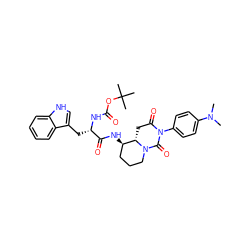 CN(C)c1ccc(N2C(=O)C[C@H]3[C@H](NC(=O)[C@H](Cc4c[nH]c5ccccc45)NC(=O)OC(C)(C)C)CCCN3C2=O)cc1 ZINC000026292544