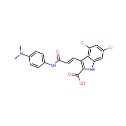 CN(C)c1ccc(NC(=O)/C=C/c2c(C(=O)O)[nH]c3cc(Cl)cc(Cl)c23)cc1 ZINC000013761291