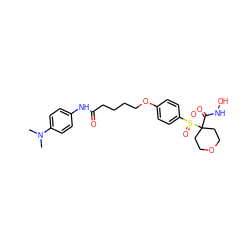 CN(C)c1ccc(NC(=O)CCCCOc2ccc(S(=O)(=O)C3(C(=O)NO)CCOCC3)cc2)cc1 ZINC000071341277