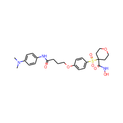 CN(C)c1ccc(NC(=O)CCCOc2ccc(S(=O)(=O)C3(C(=O)NO)CCOCC3)cc2)cc1 ZINC000071335367