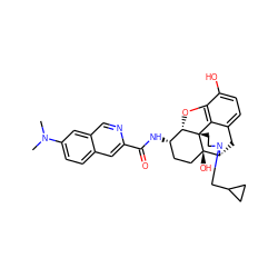 CN(C)c1ccc2cc(C(=O)N[C@H]3CC[C@@]4(O)[C@H]5Cc6ccc(O)c7c6[C@@]4(CCN5CC4CC4)[C@H]3O7)ncc2c1 ZINC000299868468
