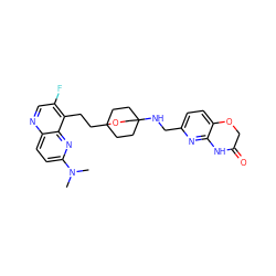 CN(C)c1ccc2ncc(F)c(CCC34CCC(NCc5ccc6c(n5)NC(=O)CO6)(CC3)CO4)c2n1 ZINC000149206234