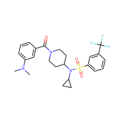 CN(C)c1cccc(C(=O)N2CCC(N(C3CC3)S(=O)(=O)c3cccc(C(F)(F)F)c3)CC2)c1 ZINC000095580285