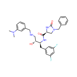 CN(C)c1cccc(CNC[C@@H](O)[C@H](Cc2cc(F)cc(F)c2)NC(=O)[C@@H]2CN(Cc3ccccc3)C(=O)N2)c1 ZINC000029050211