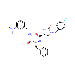 CN(C)c1cccc(CNC[C@@H](O)[C@H](Cc2ccccc2)NC(=O)[C@@H]2CN(Cc3ccc(F)cc3)C(=O)N2)c1 ZINC000029048672