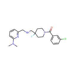 CN(C)c1cccc(CNCC2(F)CCN(C(=O)c3cccc(Cl)c3)CC2)n1 ZINC000013797288