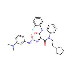 CN(C)c1cccc(NC(=O)N[C@@H]2C(=O)N(CCC3CCCC3)c3ccccc3N(c3ccccc3F)C2=O)c1 ZINC000049802061