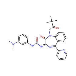 CN(C)c1cccc(NC(=O)N[C@@H]2N=C(c3ccccn3)c3ccccc3N(CC(=O)C(C)(C)C)C2=O)c1 ZINC000003810903